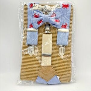 Mud Pie NWT Baby/Toddler Oxford Blue Red Embroidered Crab Bow Tie Suspender Set
